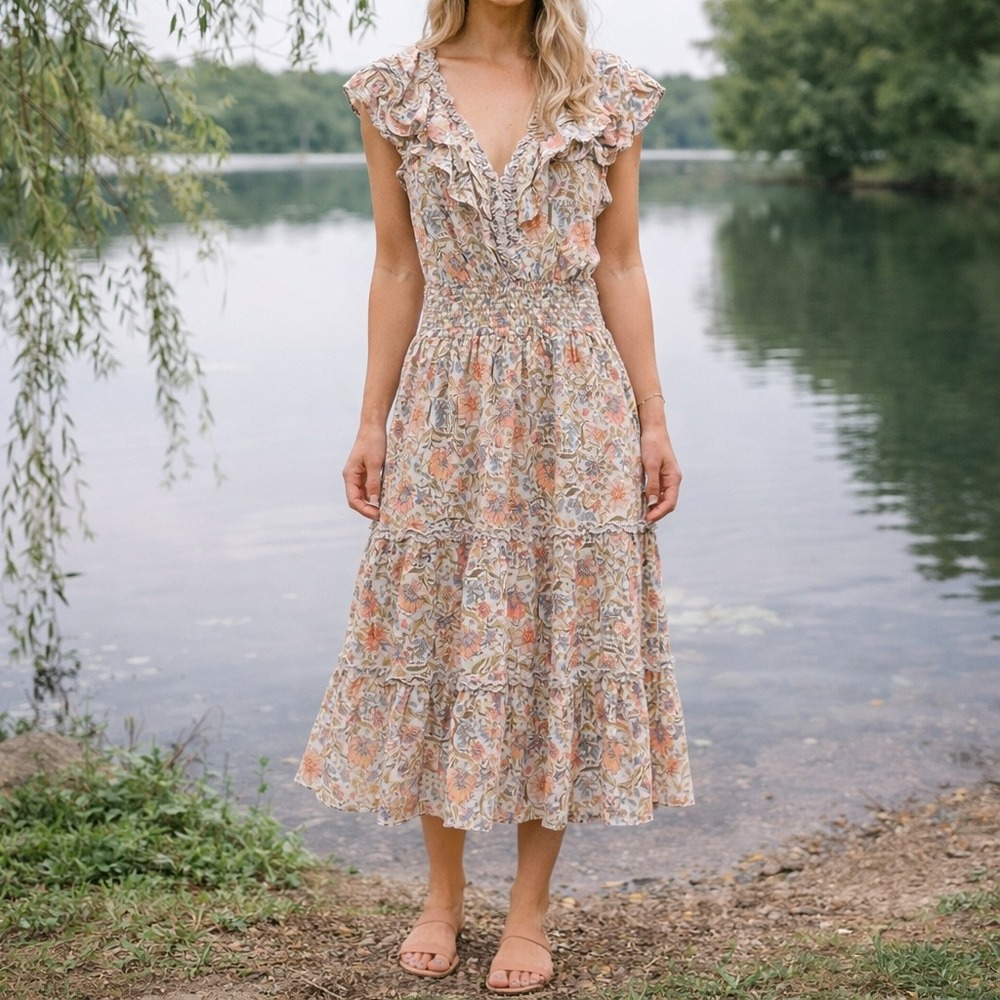 Walker & Wade Floral Smocked Midi Dress | Cottagecore Romantic | Small‎